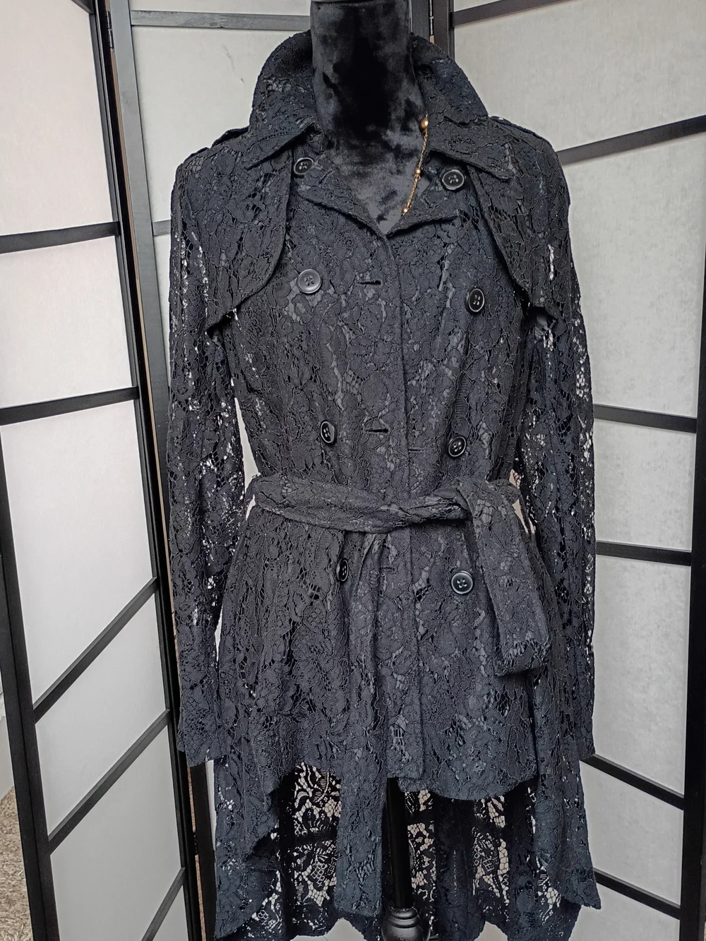 Black Lace Belted Trench Coat - Picture 1 of 8